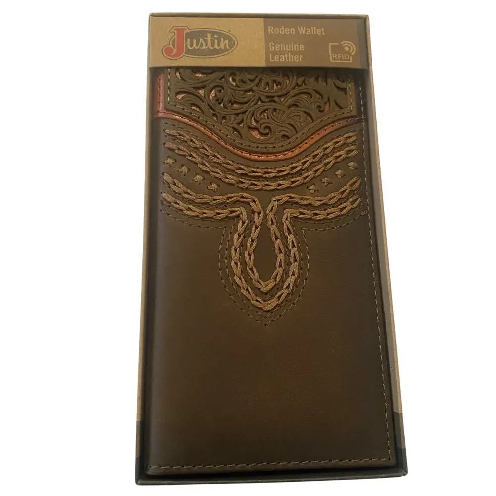 NWT Men’s Justin Russet Inlay Rodeo Genuine Leather Brown Western RFID Wallet